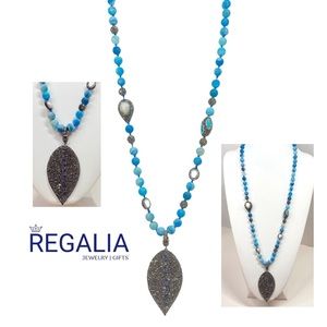 ✨Handmade Knotted Blue Degrade Agates Baroque Pearls & Leaf Pendant Necklace✨